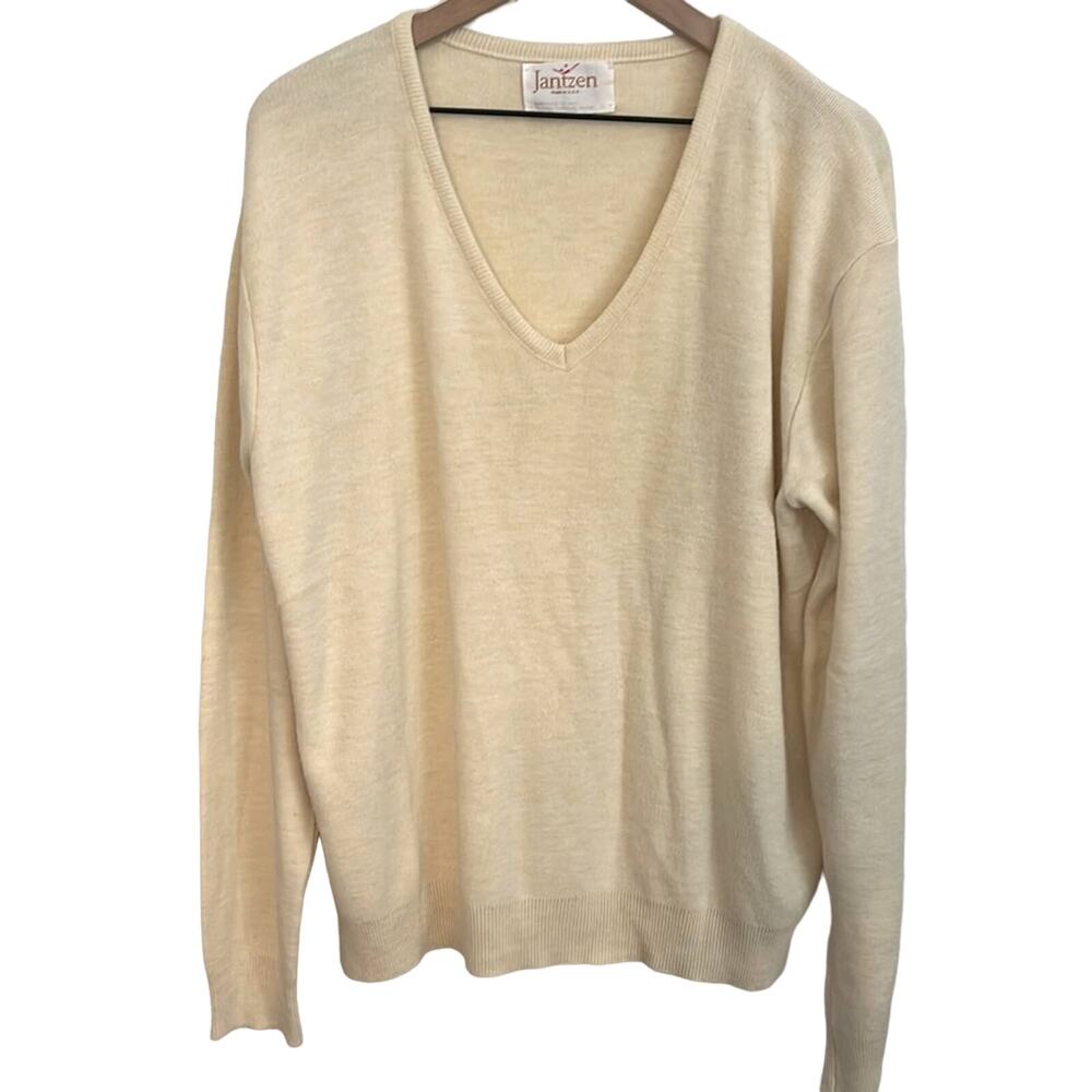 Vintage Mens V Neck Sweater XL Wool Knit Ivory Casual Neutral Long Sleeve Solid